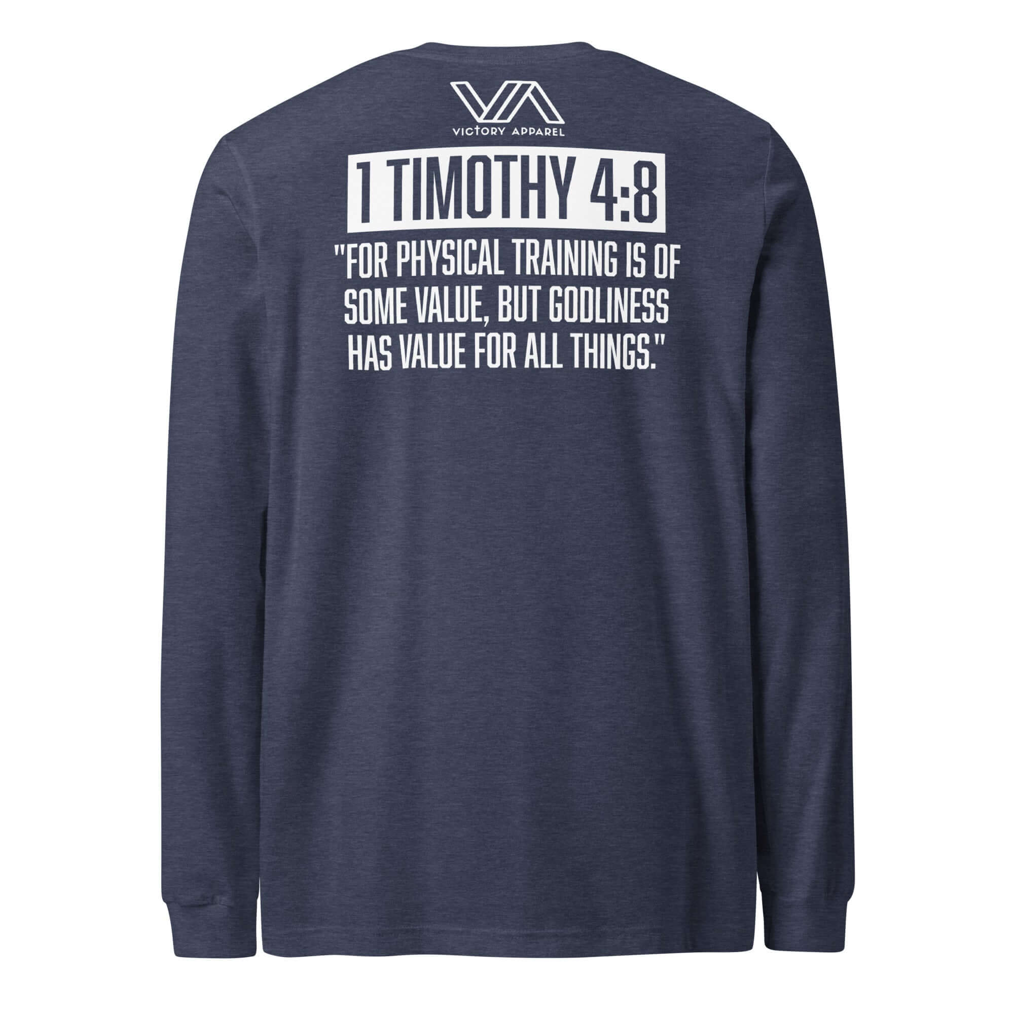 Victory Apparel Heather Navy Train in Godliness Longsleeve Tee, back view of a Christian workout long-sleeve shirt