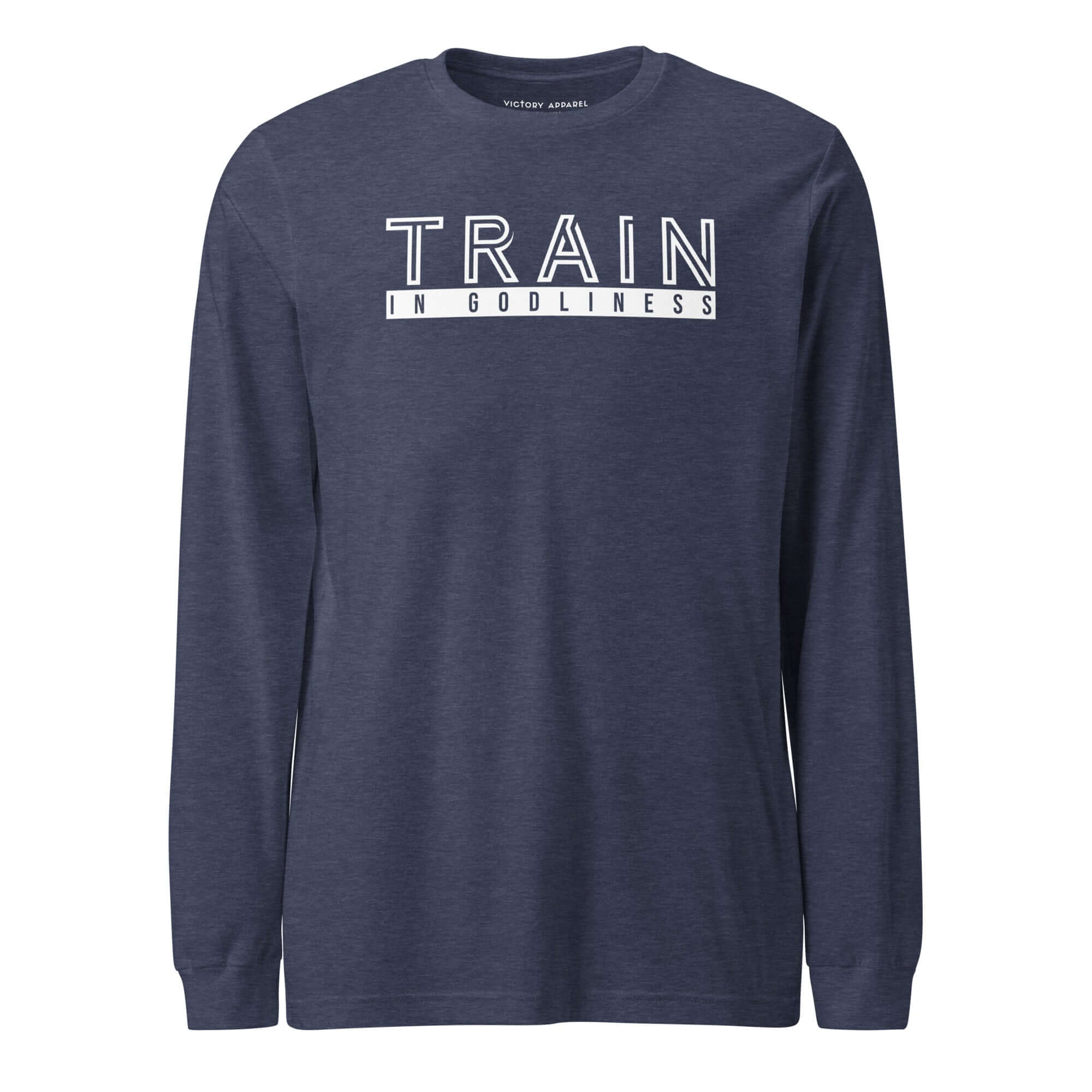 Victory Apparel Heather Navy Train in Godliness Longsleeve Tee, front view of a Christian workout long-sleeve shirt