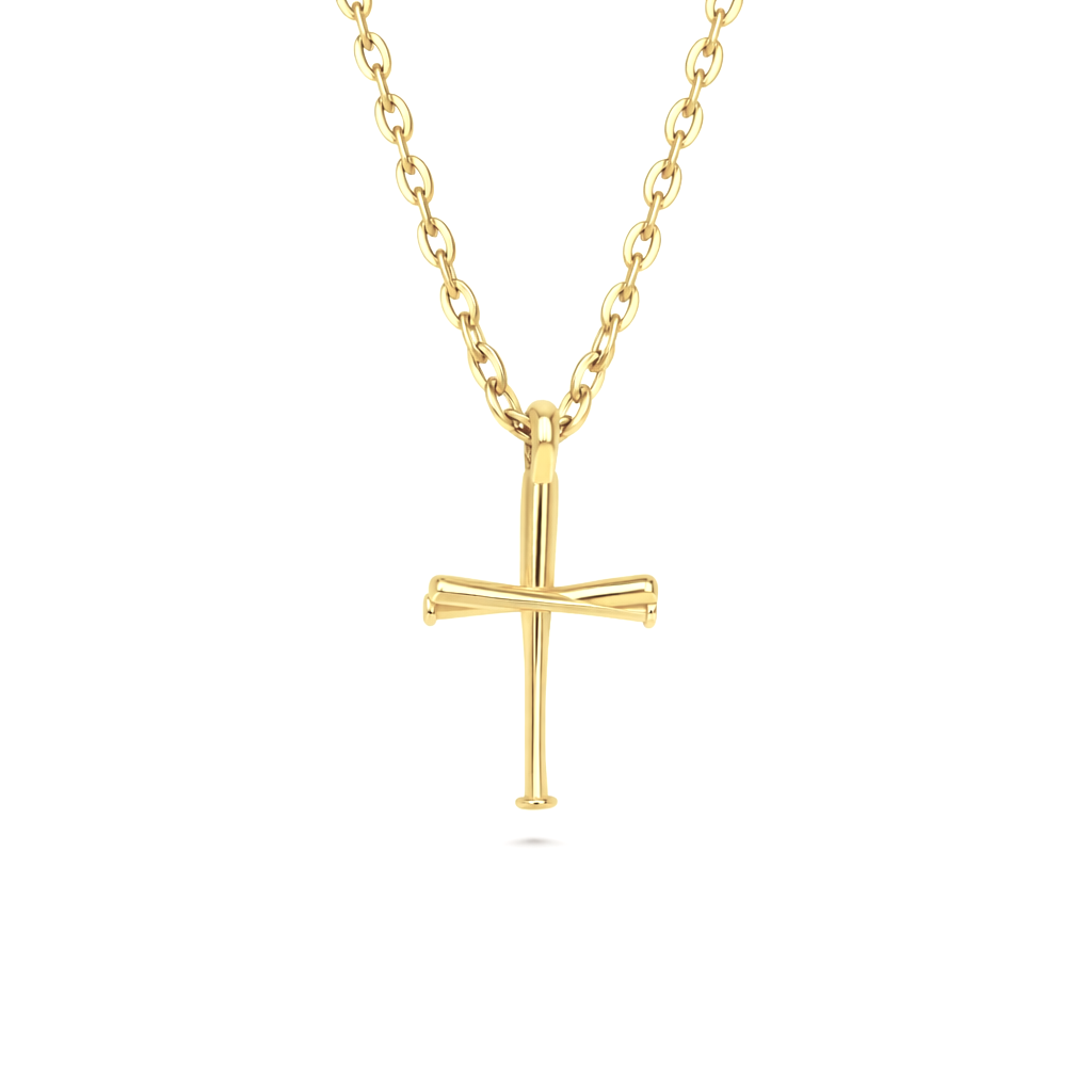 Yellow Gold youth small baseball cross necklace on a white background