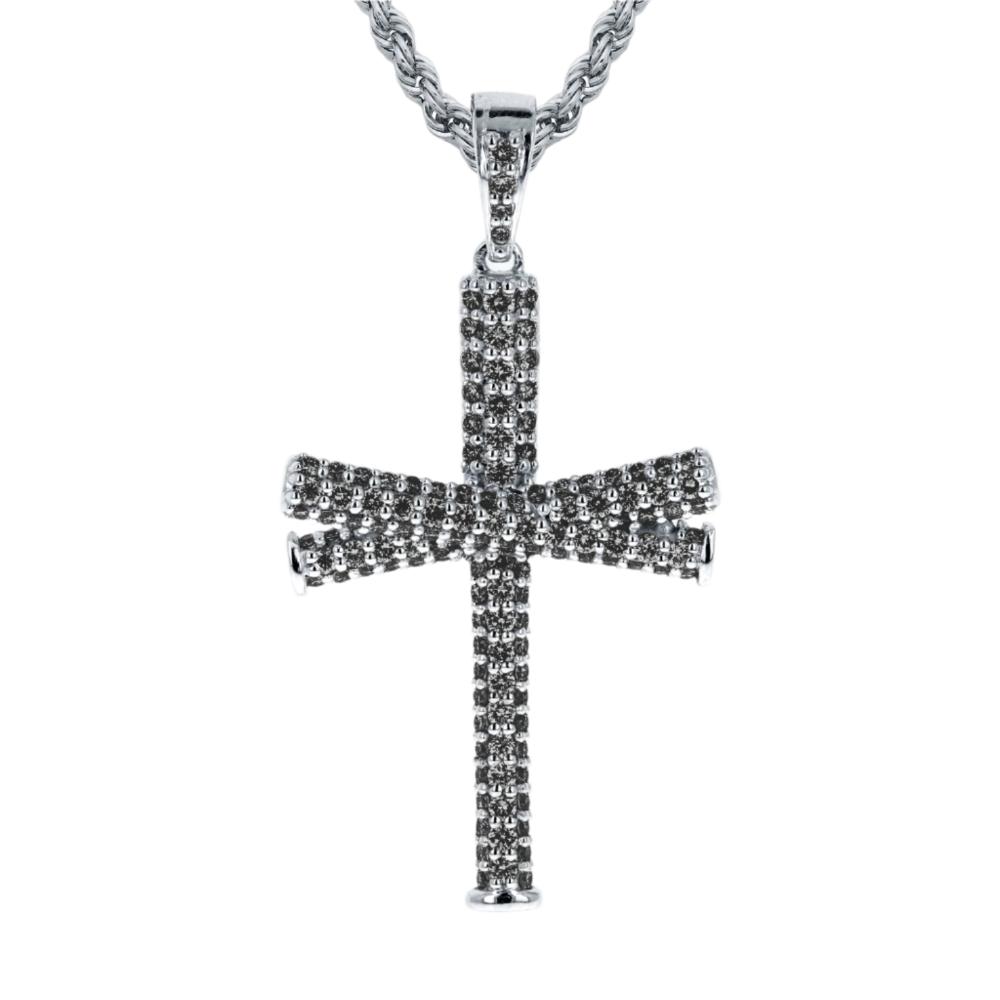 Sterling Diamond Studded Baseball Bat Cross Necklace