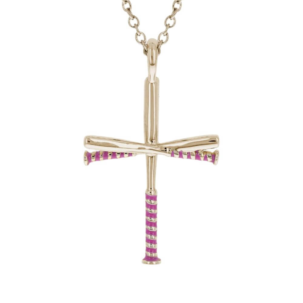 Pink Softball Bat Cross Necklace Gold