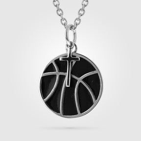 Gold Mini Black Enameled Basketball Pendant With Dangle Cross