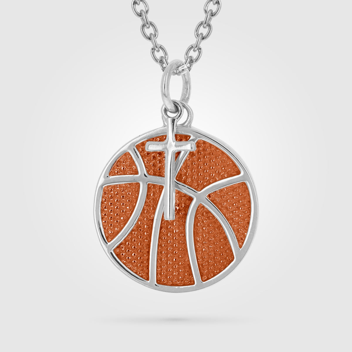 Gold Orange Enameled Mini Basketball Necklace With Dangle Cross