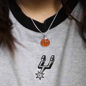 Sterling Orange Enameled Mini Basketball Necklace With Dangle Cross