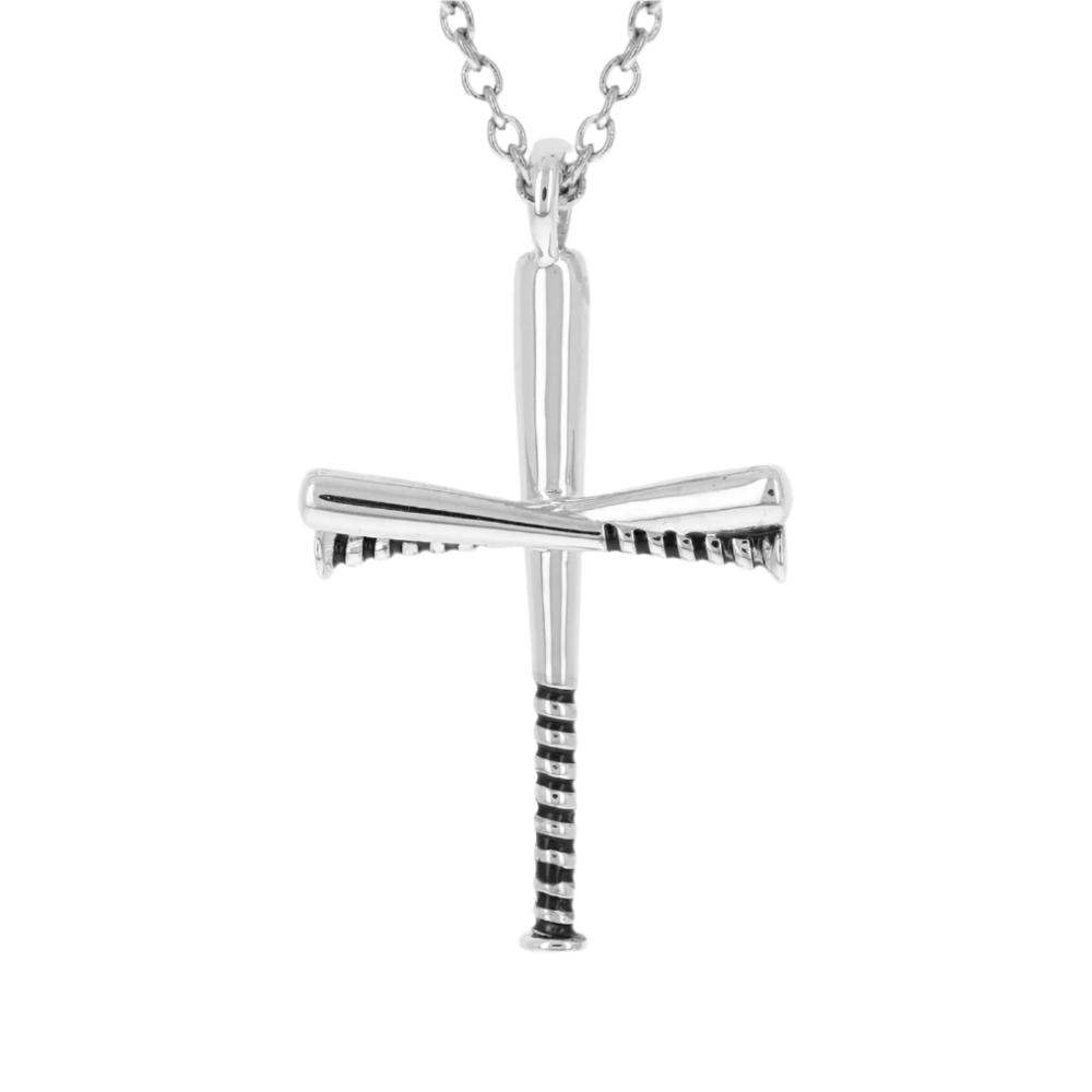 Black Grip Baseball Bat Cross Necklace Sterling Silver